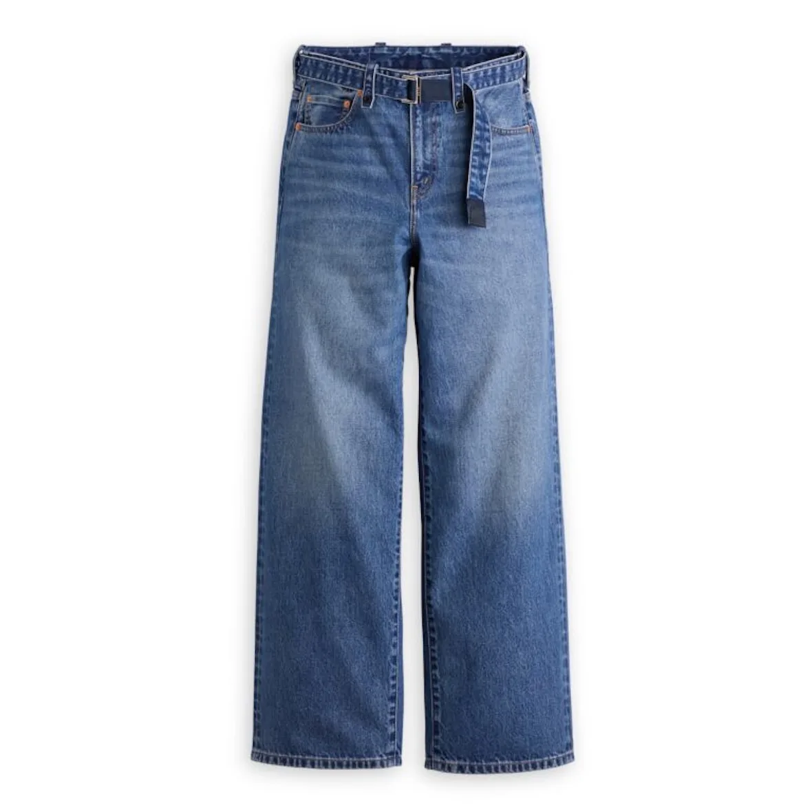 front view, medium wash wide-leg jeans with fabric belt and buckle, Sacai FW26 Collection
