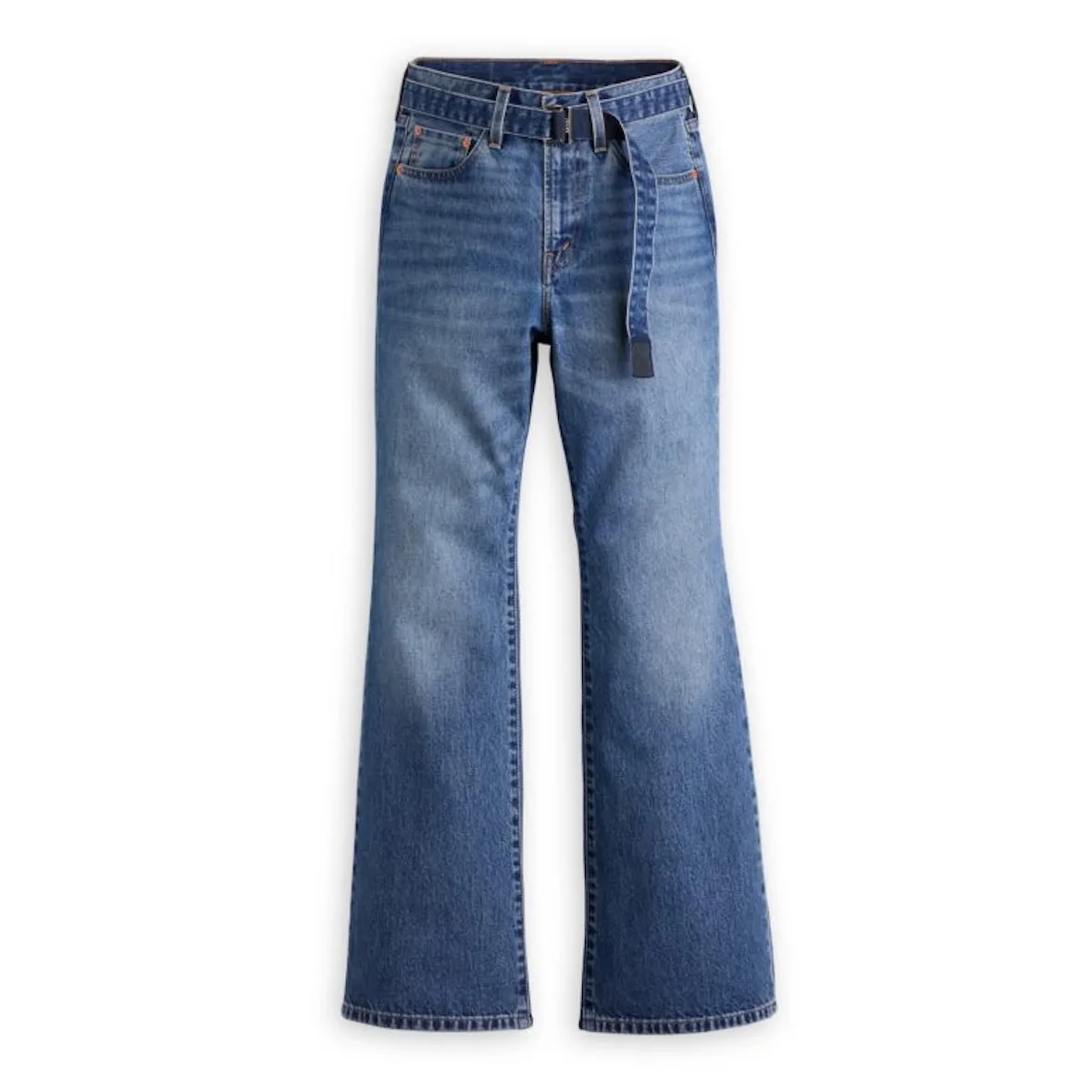 front view, medium wash flared jeans with fabric belt and buckle, Sacai FW26 Collection