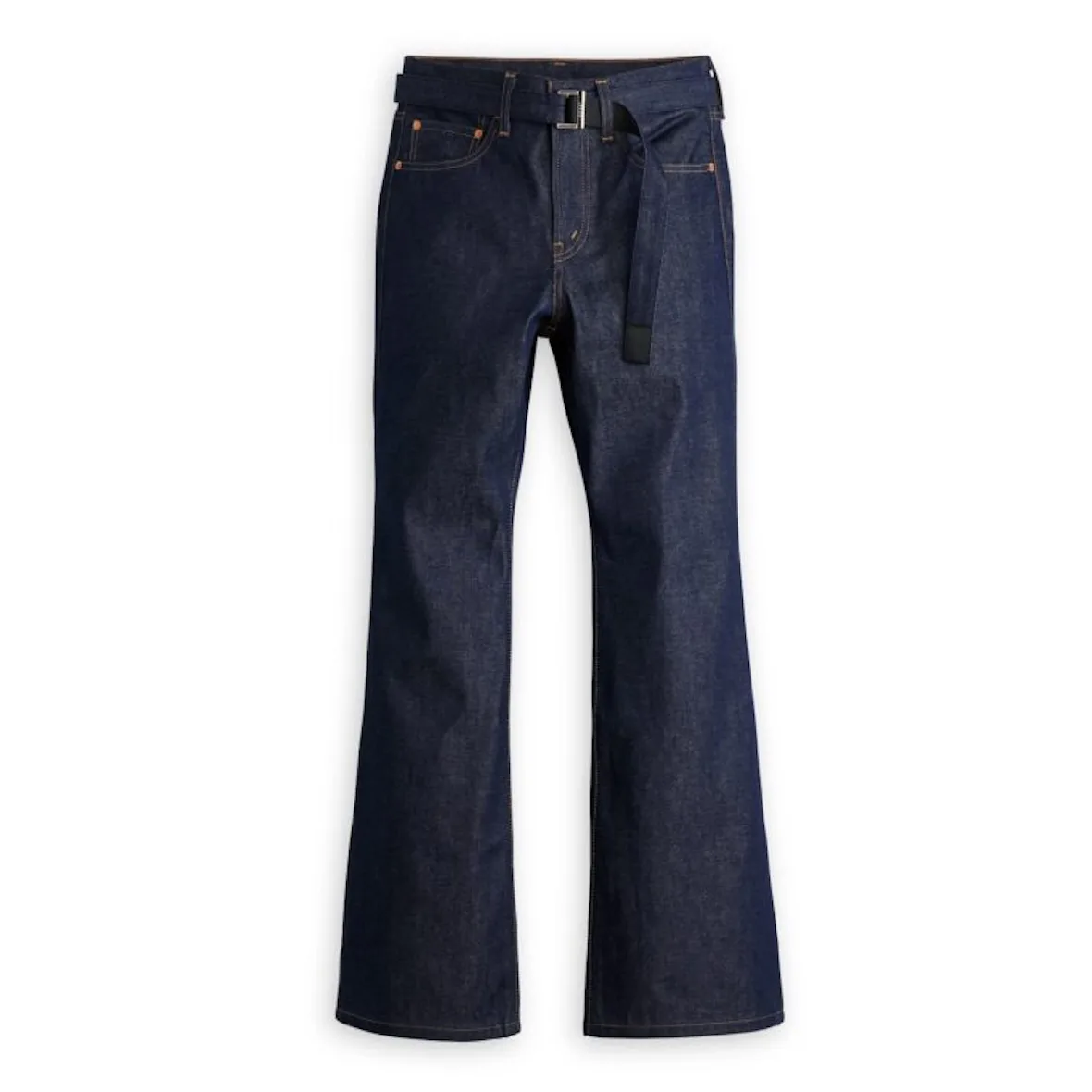 front view, raw indigo wide-leg jeans with black fabric belt, Sacai FW26 Collection
