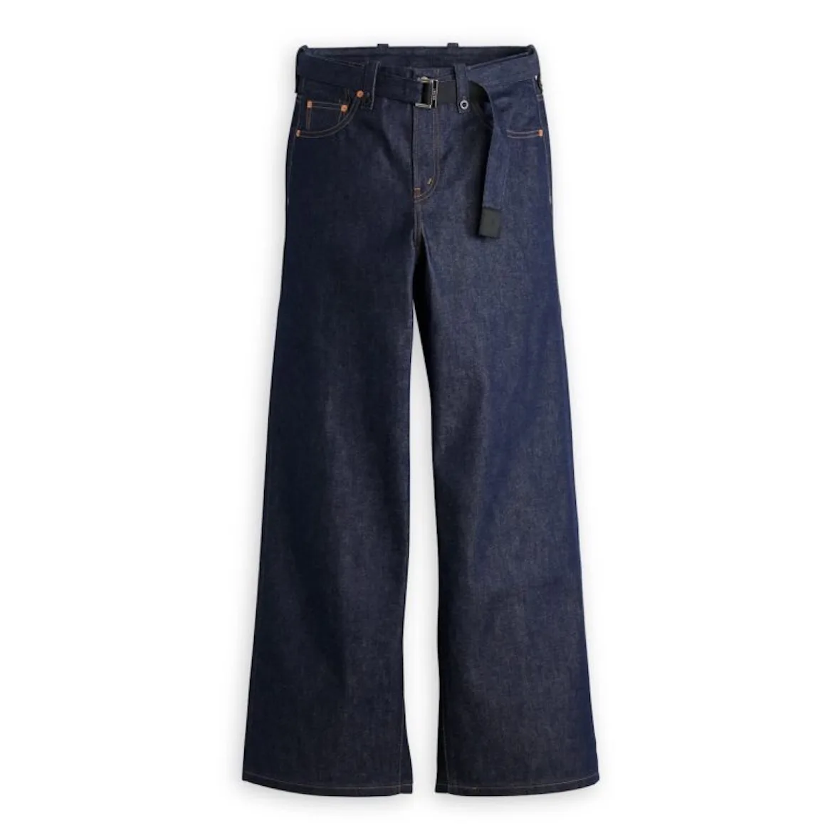 front view, raw indigo wide-leg jeans, black belt and orange stitching, Sacai FW26 Collection