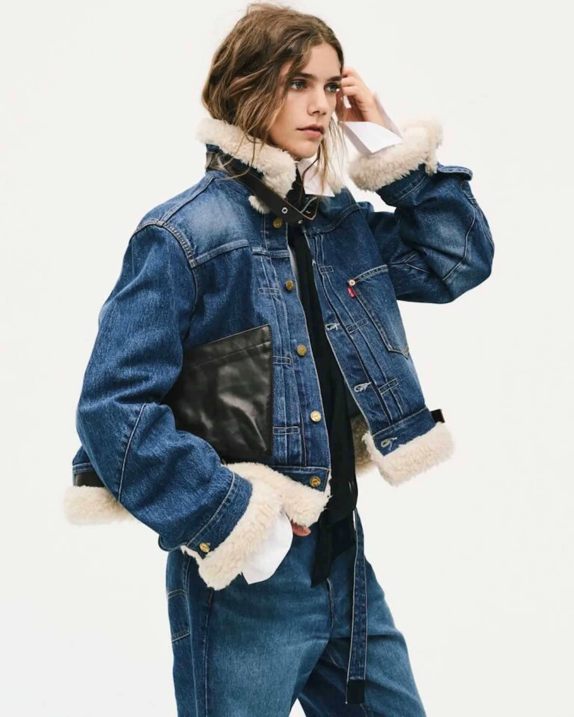 on-model, cream shearling collar jacket with black leather pocket detail, Sacai FW26 Collection