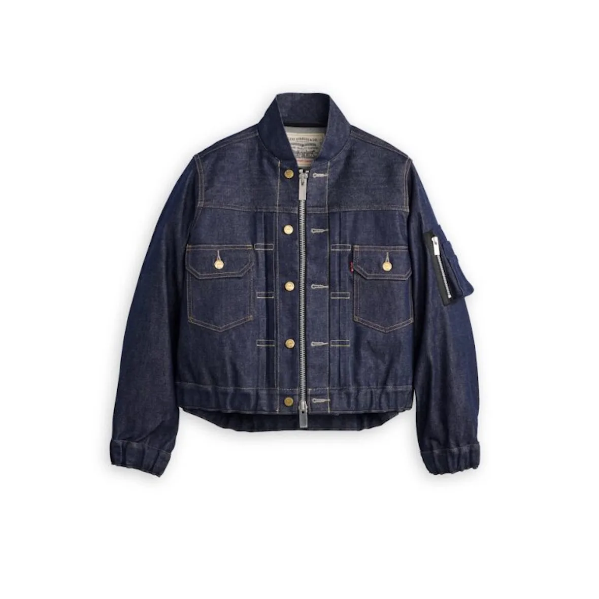 front view, raw indigo denim zip jacket, silver zip and elasticated hem, Sacai FW26 Collection