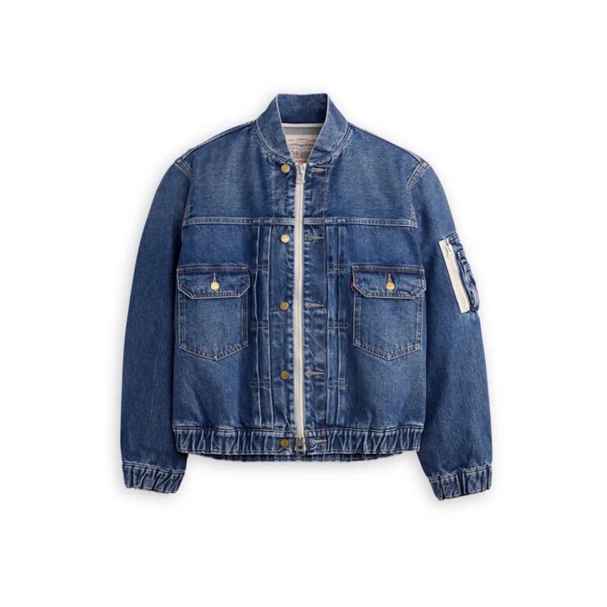 front view, blue denim zip jacket with gold buttons and zip sleeve pocket, Sacai FW26 Collection