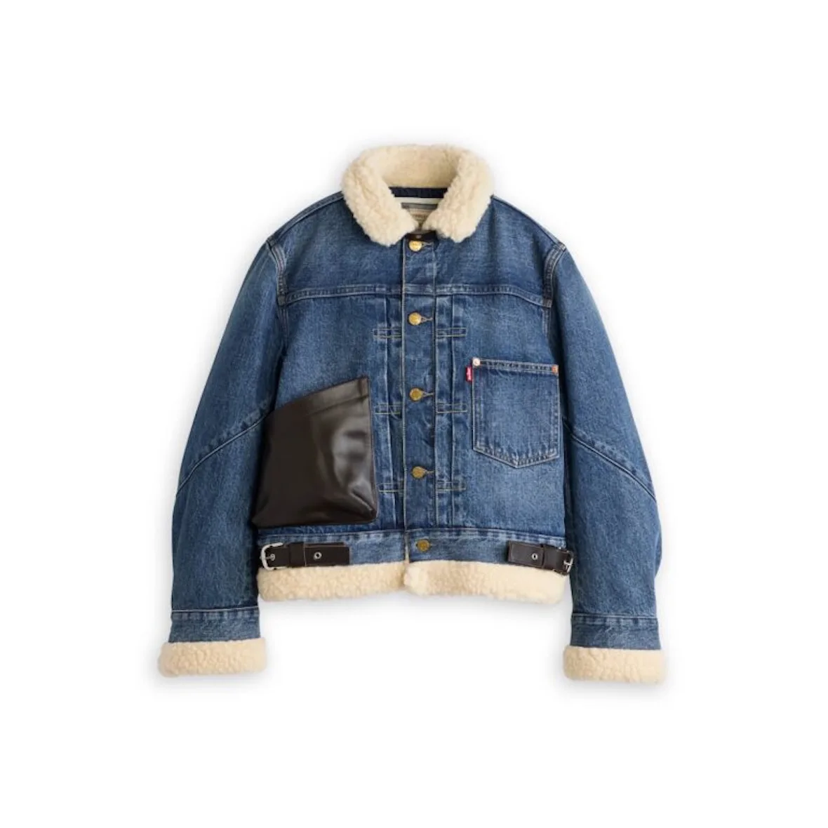 front view, blue denim jacket with cream shearling collar and cuffs, Sacai FW26 Collection
