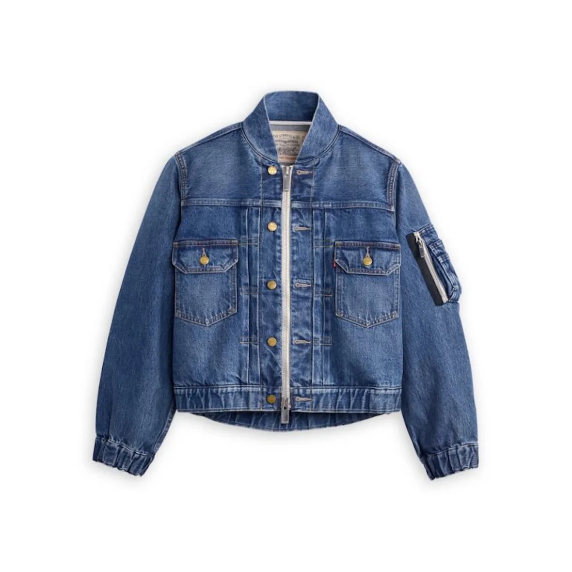 front view, blue denim zip jacket, silver zip and elasticated cuffs, Sacai FW26 Collection