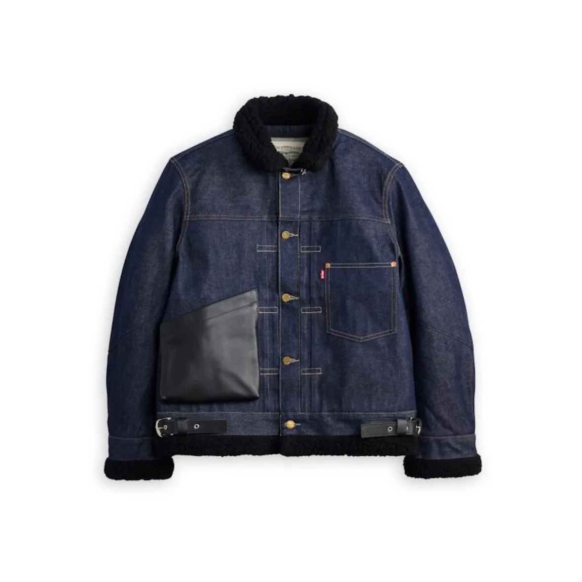 front view, dark indigo denim jacket with black shearling collar and cuffs, Sacai FW26 Collection