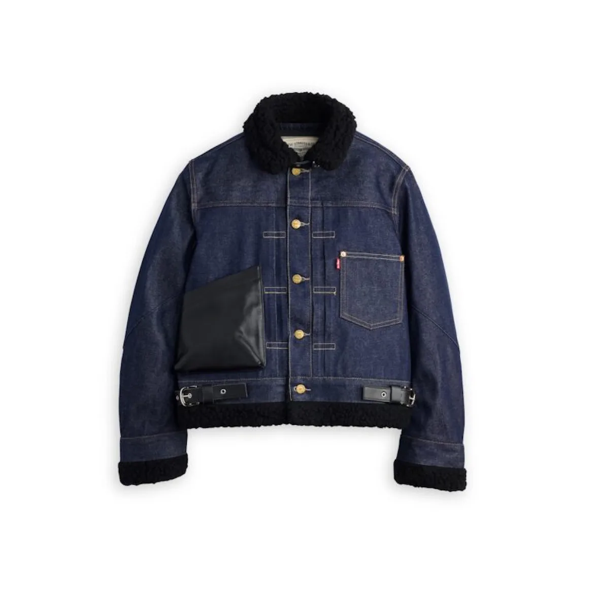front view, dark indigo denim jacket, black shearling trim and leather pocket, Sacai FW26 Collection