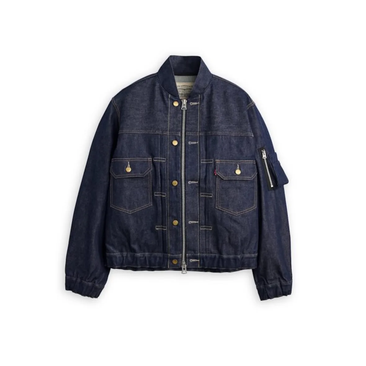front view, raw indigo denim zip jacket with gold buttons and zip pocket, Sacai FW26 Collection