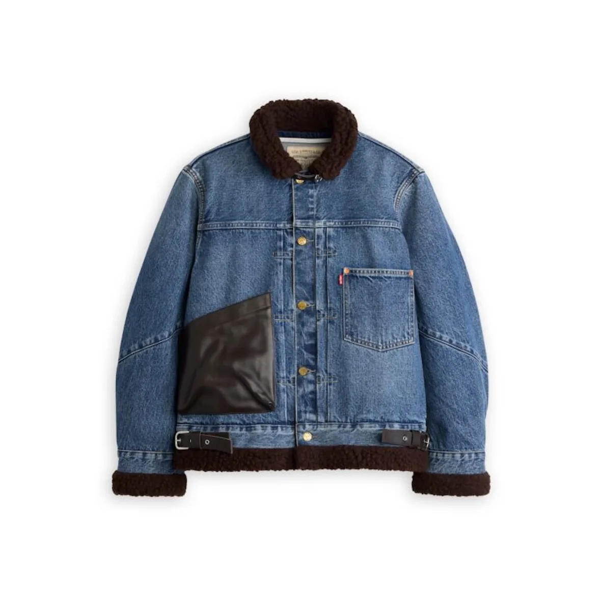 front view, blue denim jacket with brown shearling collar and cuffs, Sacai FW26 Collection