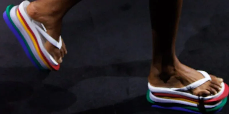 close-up top-down view of stacked rainbow platform soles, white straps, Havaianas Slim 6Toe