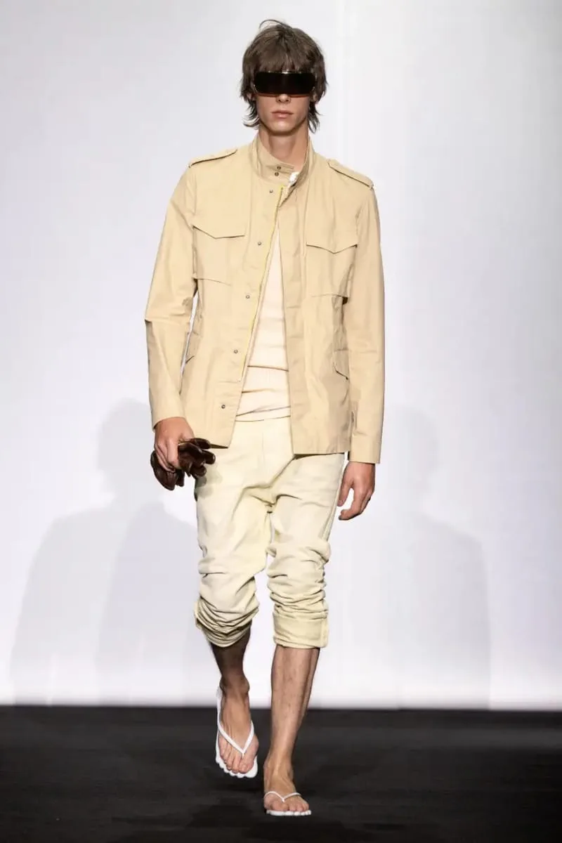on-foot white flip-flop under cream trousers on runway, Havaianas Slim 6Toe