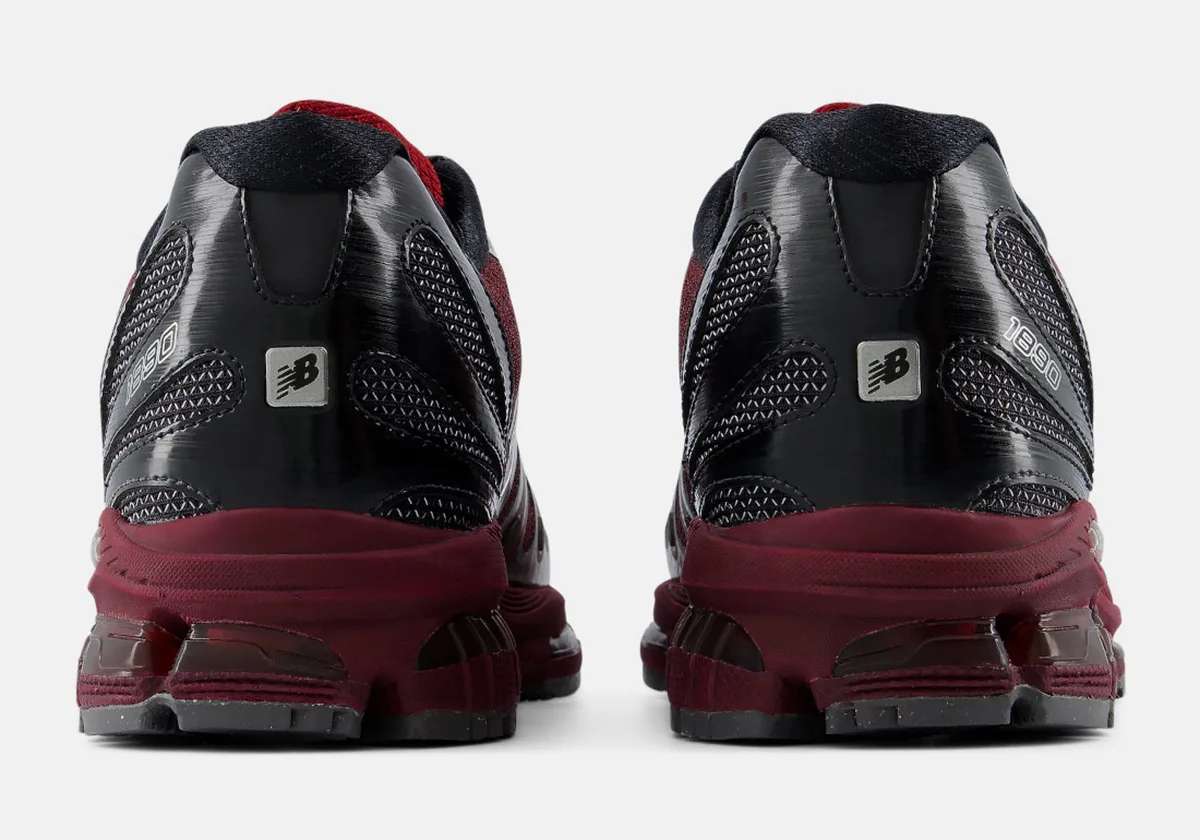 heel view of pair, black upper with burgundy midsole and '1890' text above N logo, New Balance 1890 "Burgundy"