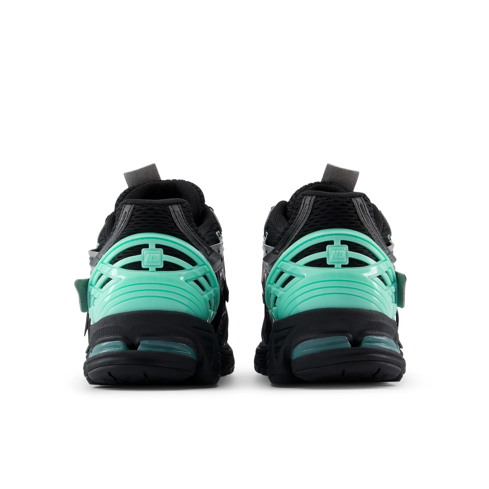 Heel view of pair, mint ribbed heel counters with NB tab on black mesh, Black/Bright Mint