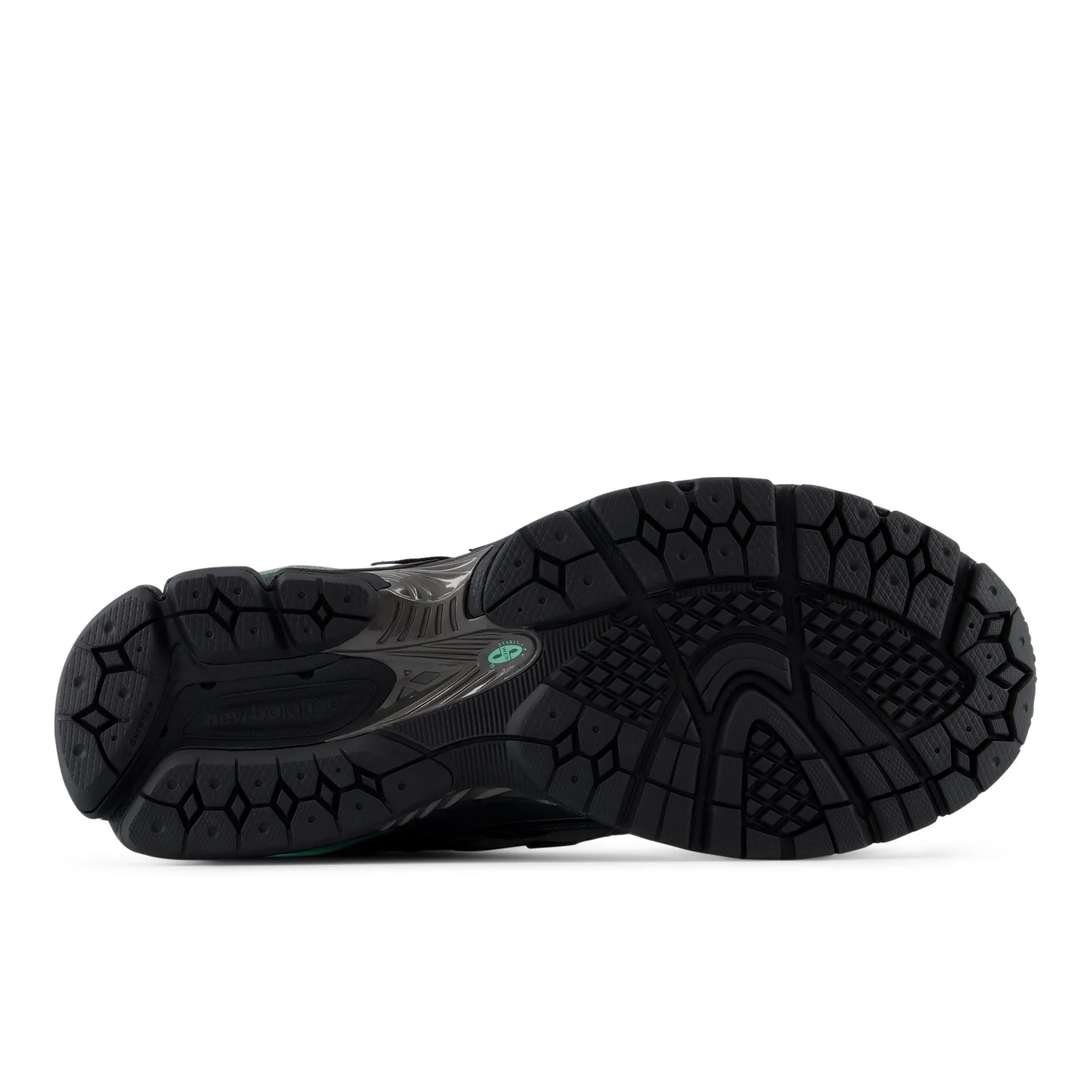 Outsole view, black rubber tread with STABIL pod and mint arch accent, Black/Bright Mint