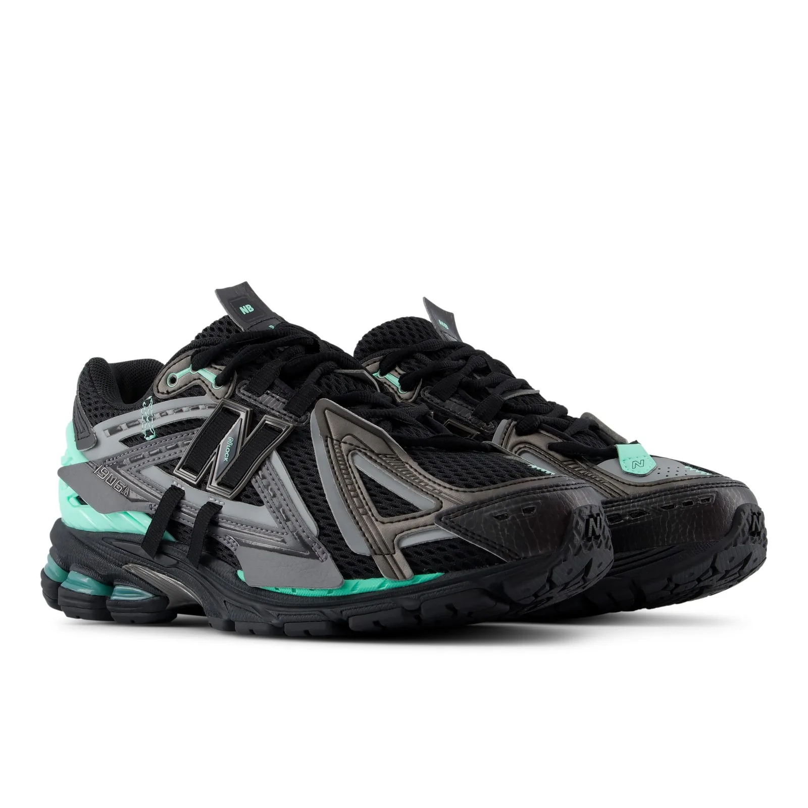 Pair, three-quarter toe view, black mesh with mint accents and 1906 text, Black/Bright Mint