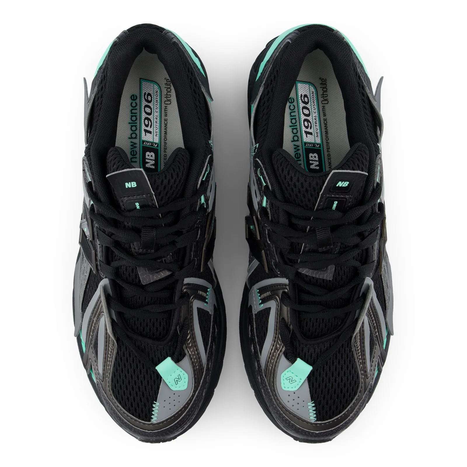 Top-down view of pair, mint pull tabs and 1906 Ortholite text on insoles, Black/Bright Mint