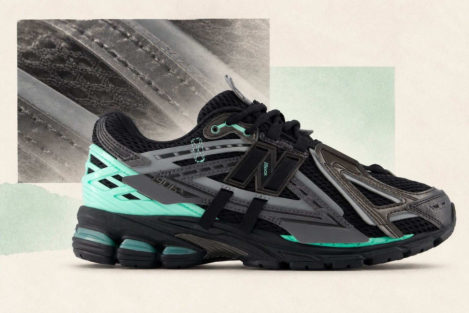 Lateral view, black mesh upper with bright mint midsole and heel stripes, New Balance 1906A “Black/Bright Mint”