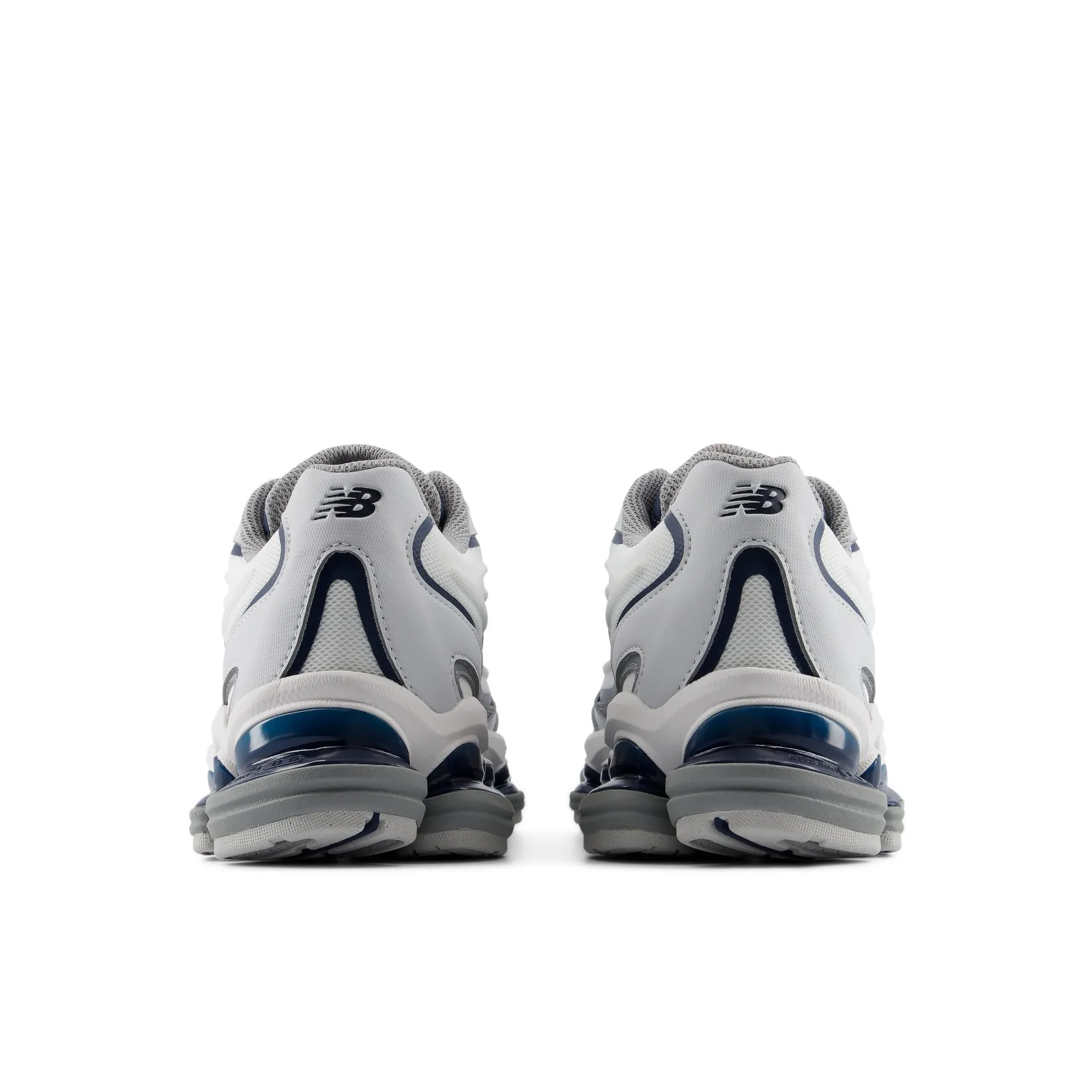 heel view pair close up, navy NB logo above blue translucent heel cushioning, White/Navy