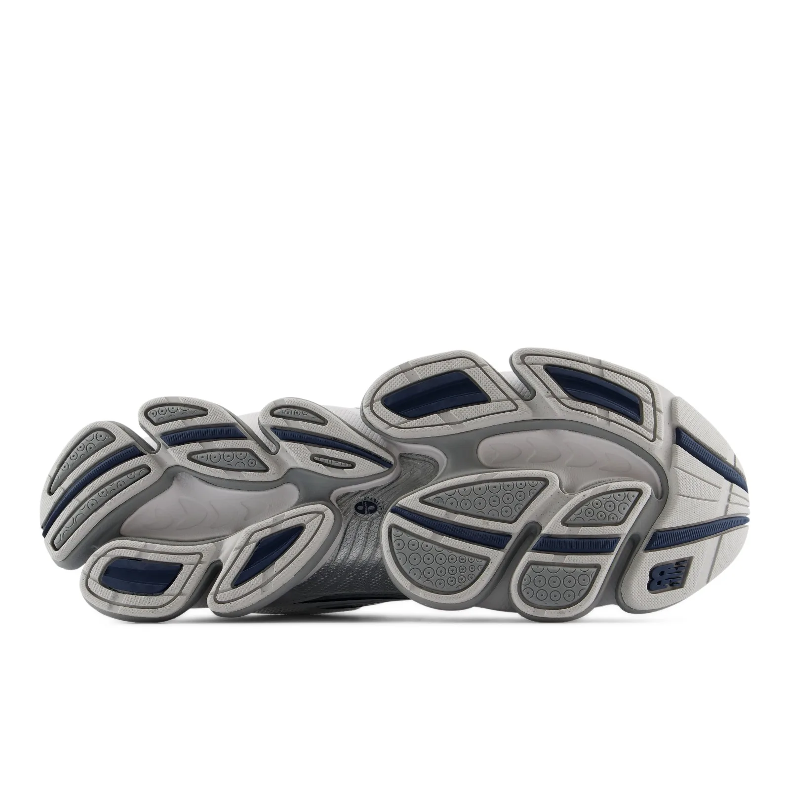 outsole pair, grey tread with navy stripes and NB logo on the sole, White/Navy