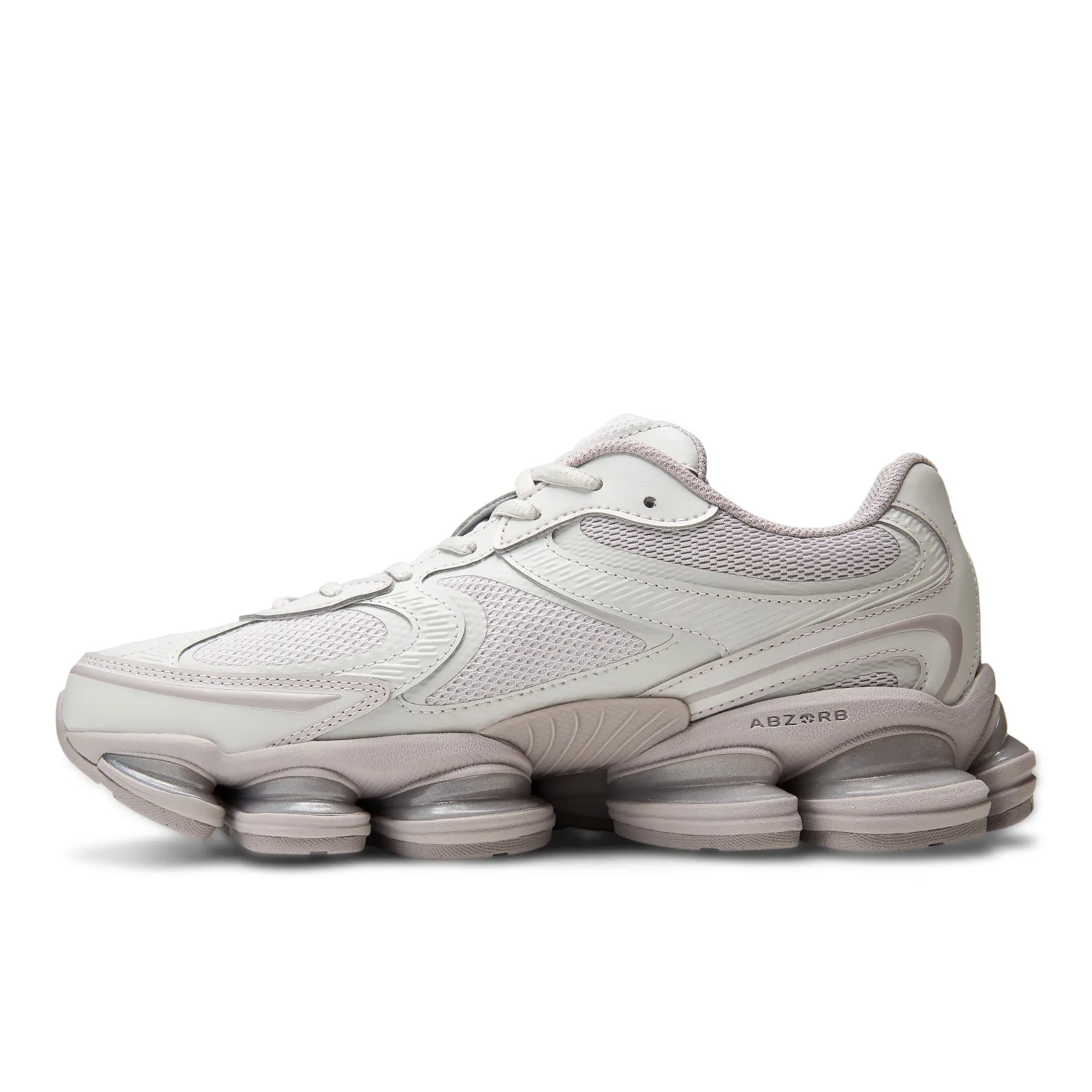 lateral view of single shoe, grey mesh upper, ABZORB text on midsole, Horizon Grey