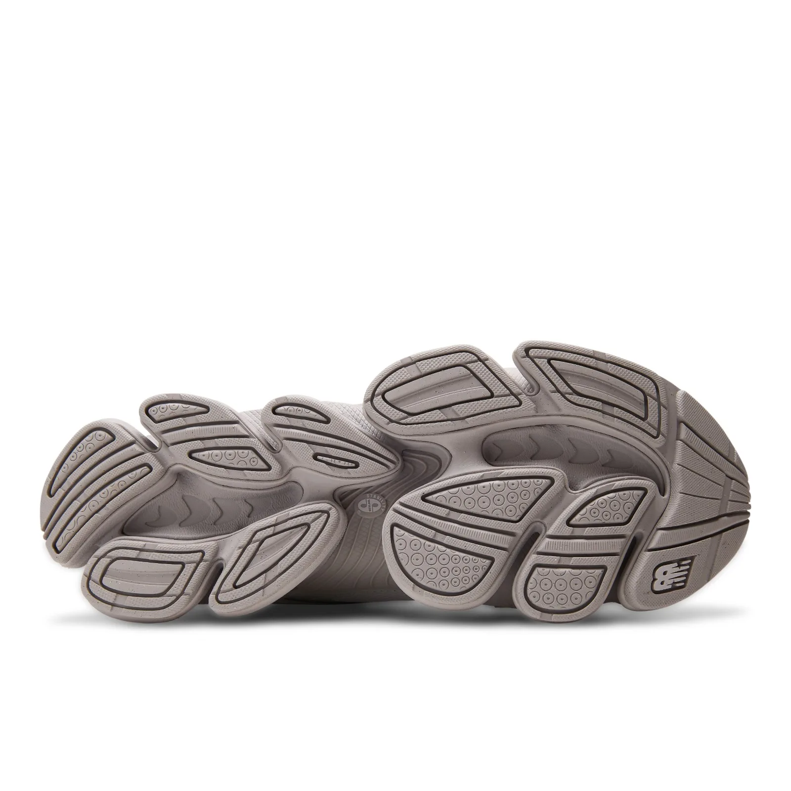 outsole view of pair, grey segmented tread with New Balance logo, Horizon Grey