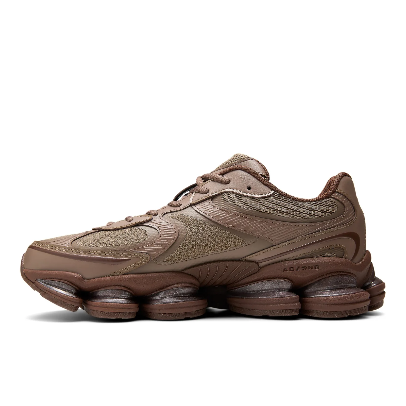 lateral view close up, tan mesh panels, brown N logo, ABZORB text on midsole, Thunder Brown