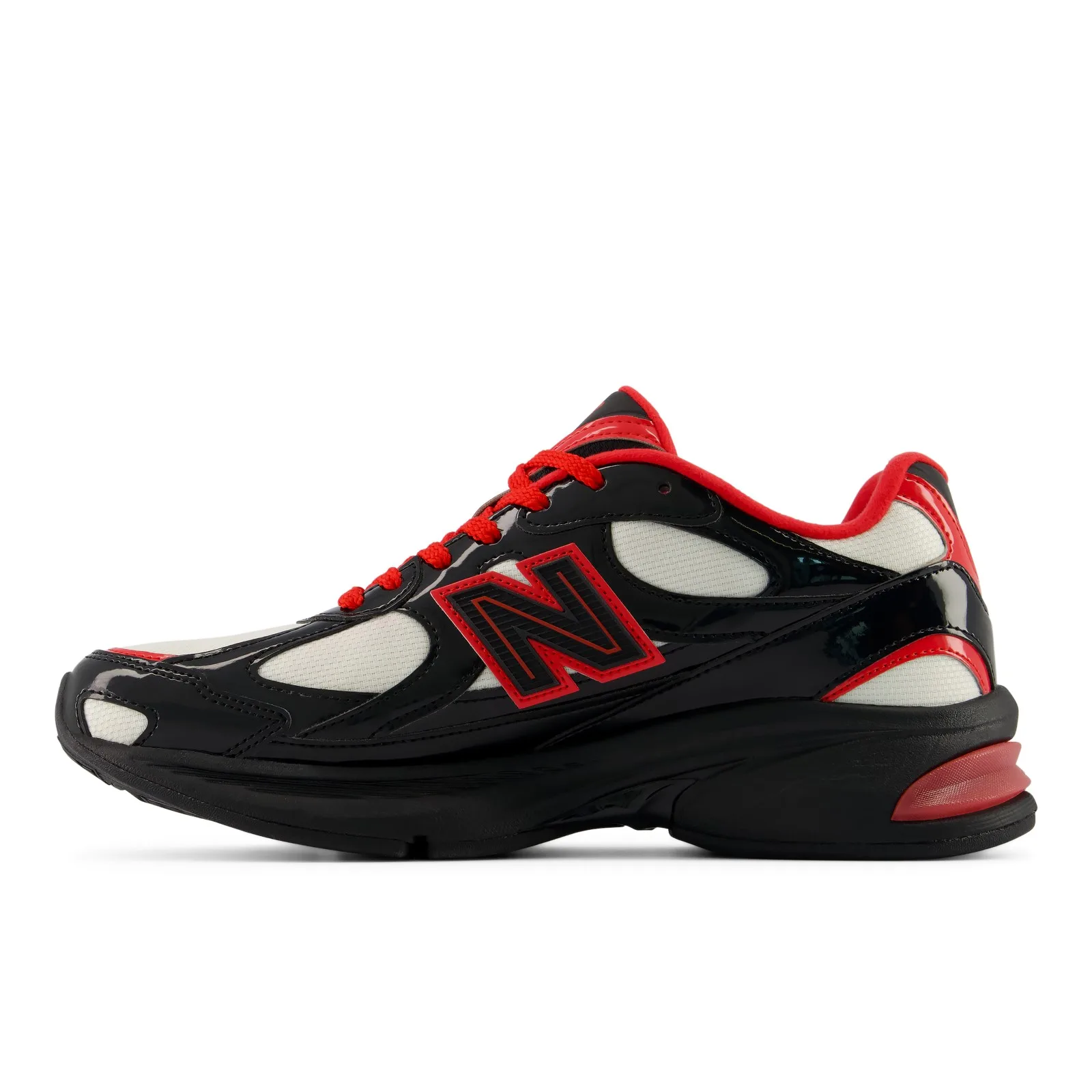 Close lateral side view, black patent panels with red laces and outlined N logo, Firecracker