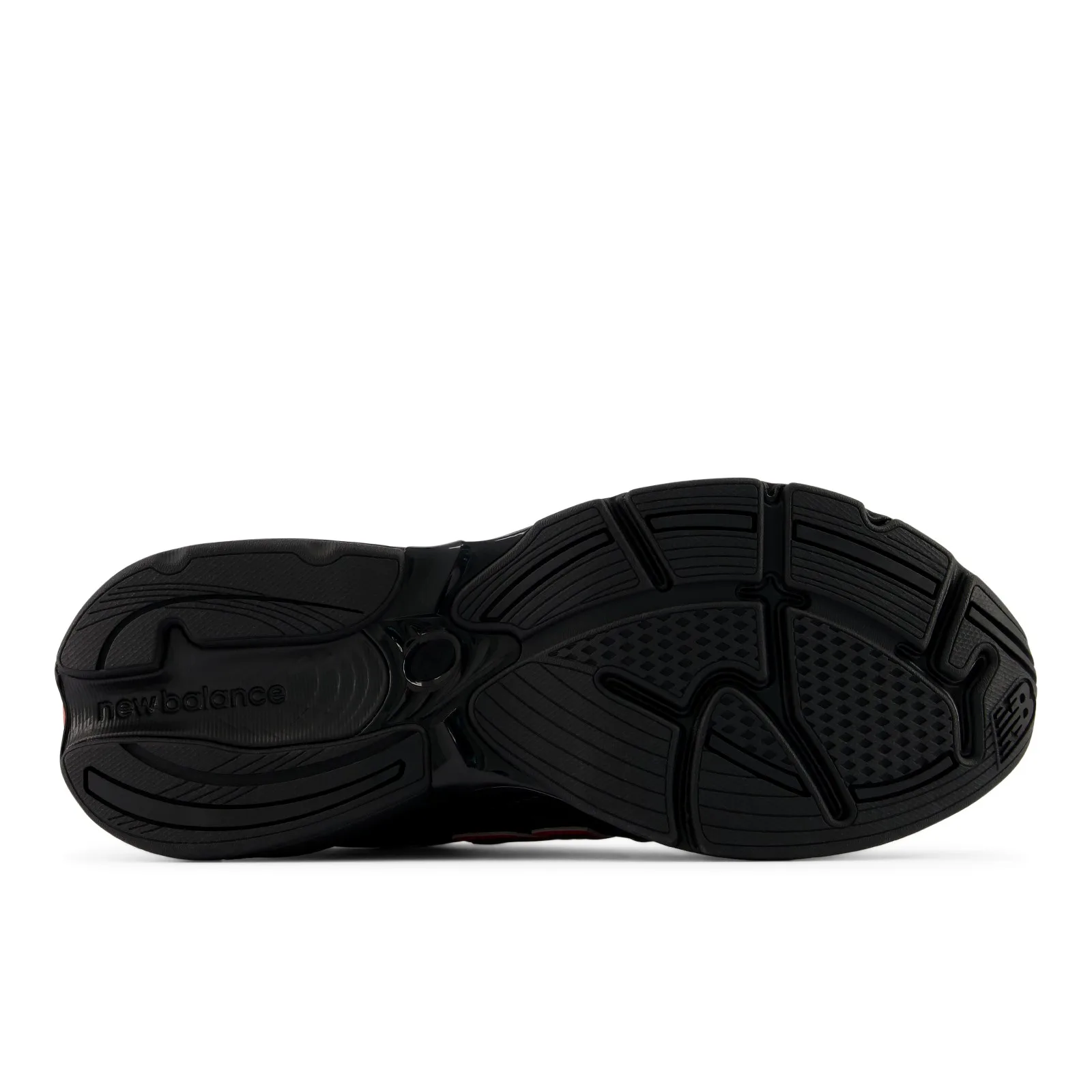 Outsole view, black rubber tread with embossed New Balance wordmark, Firecracker