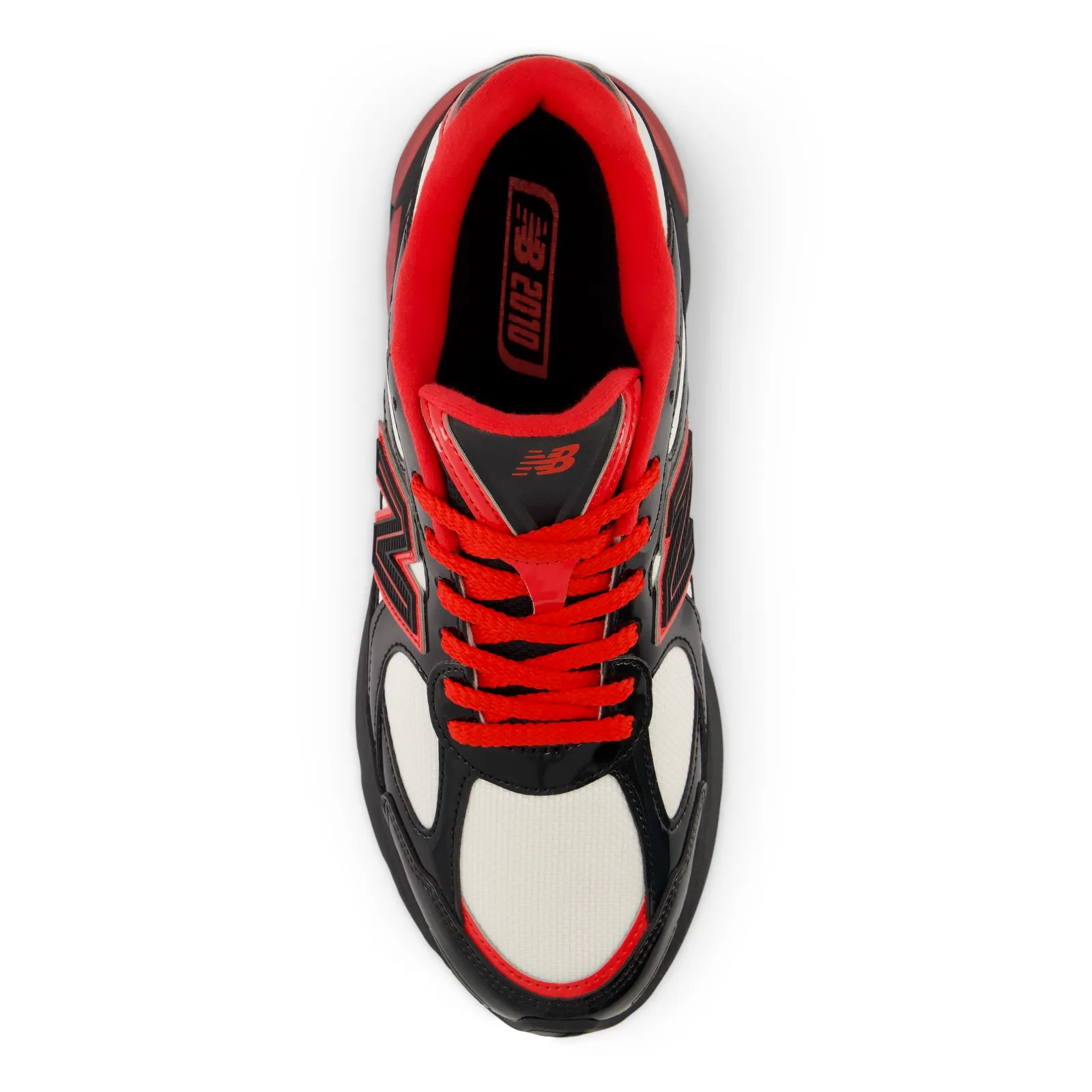 Top-down view, red tongue printed '2010', white mesh panels, black N logo outline, Firecracker