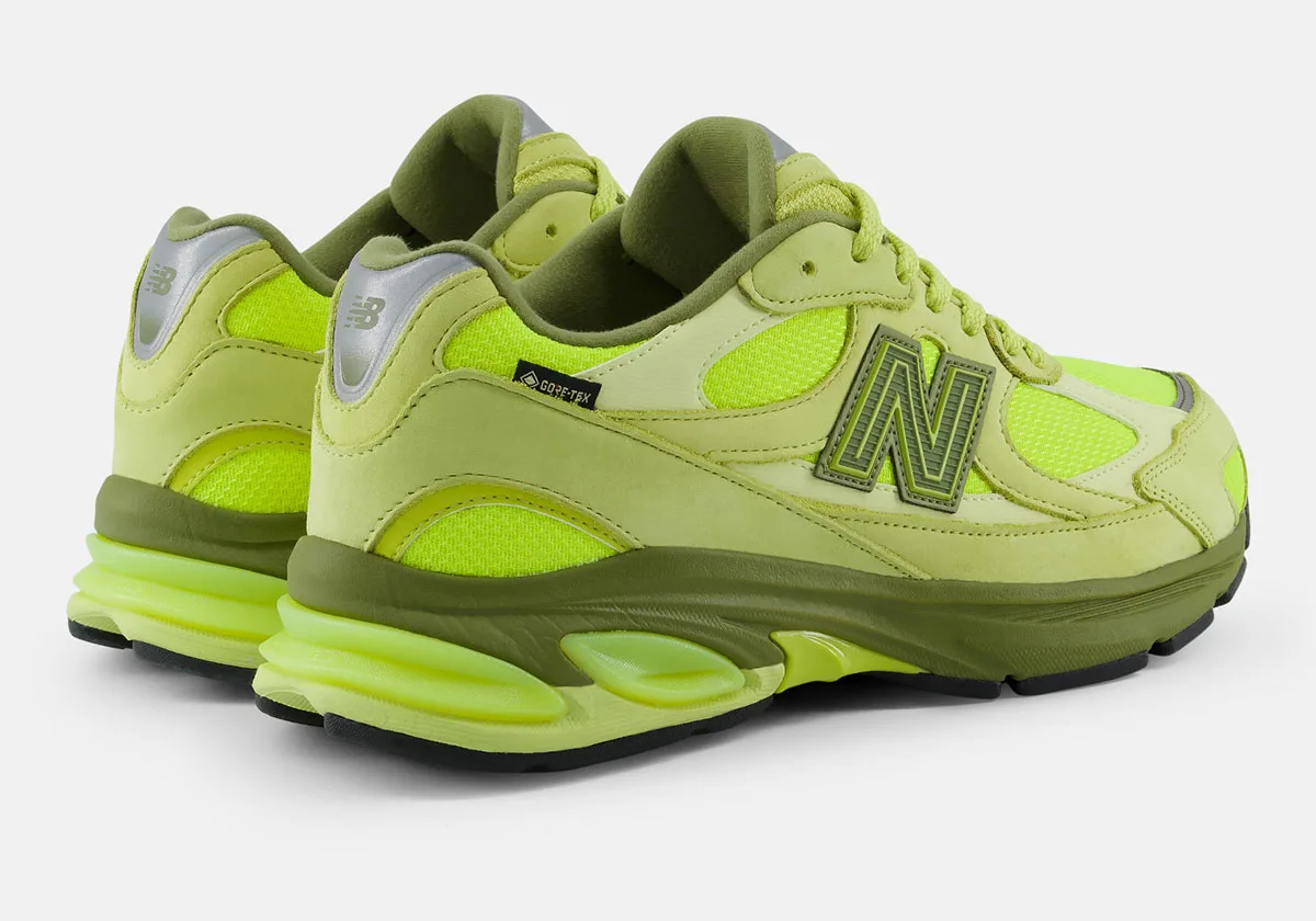 heel and side angle of pair, olive suede with neon green midsole layers, Neon Green