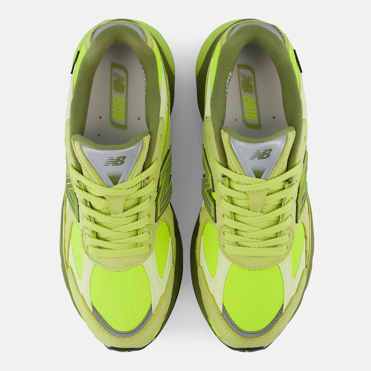 top-down view of pair, olive N logos and 2010 text on insoles, Neon Green