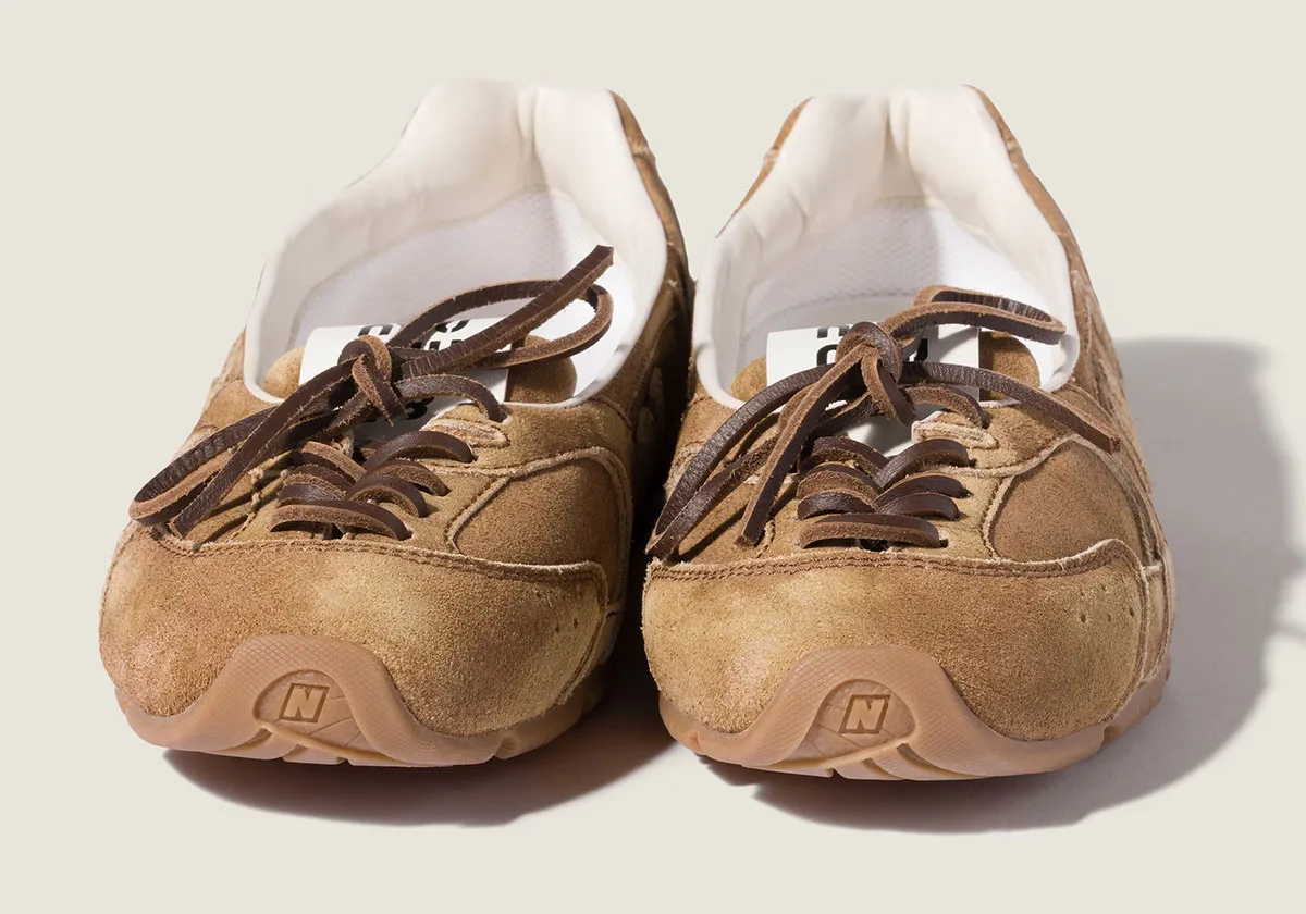 toe-on pair, tan suede with brown crisscross laces and N logo on sole, SL Ballerina Pack (12)