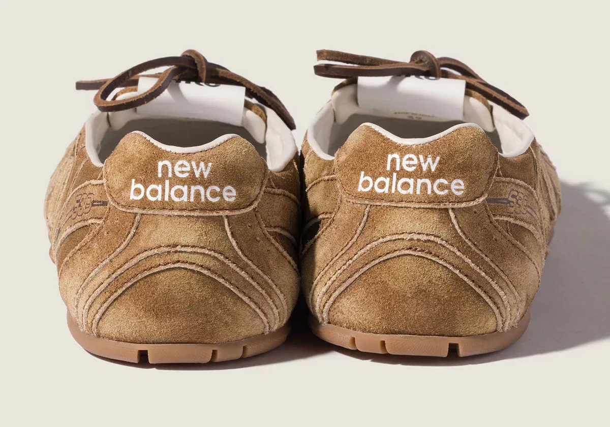 heel view pair, tan suede with new balance wordmark in white text, SL Ballerina Pack (13)