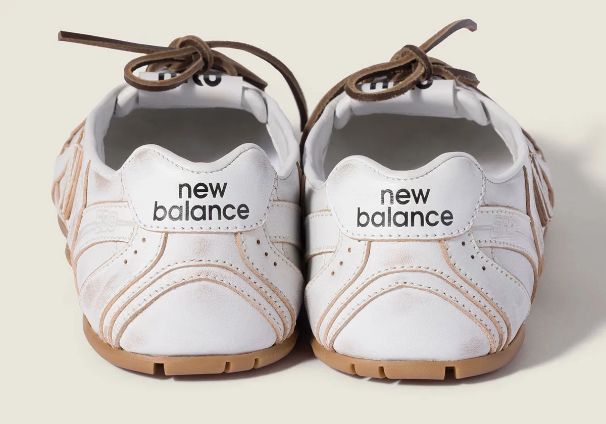 heel view pair, white leather with new balance wordmark and tan piping, SL Ballerina Pack (14)
