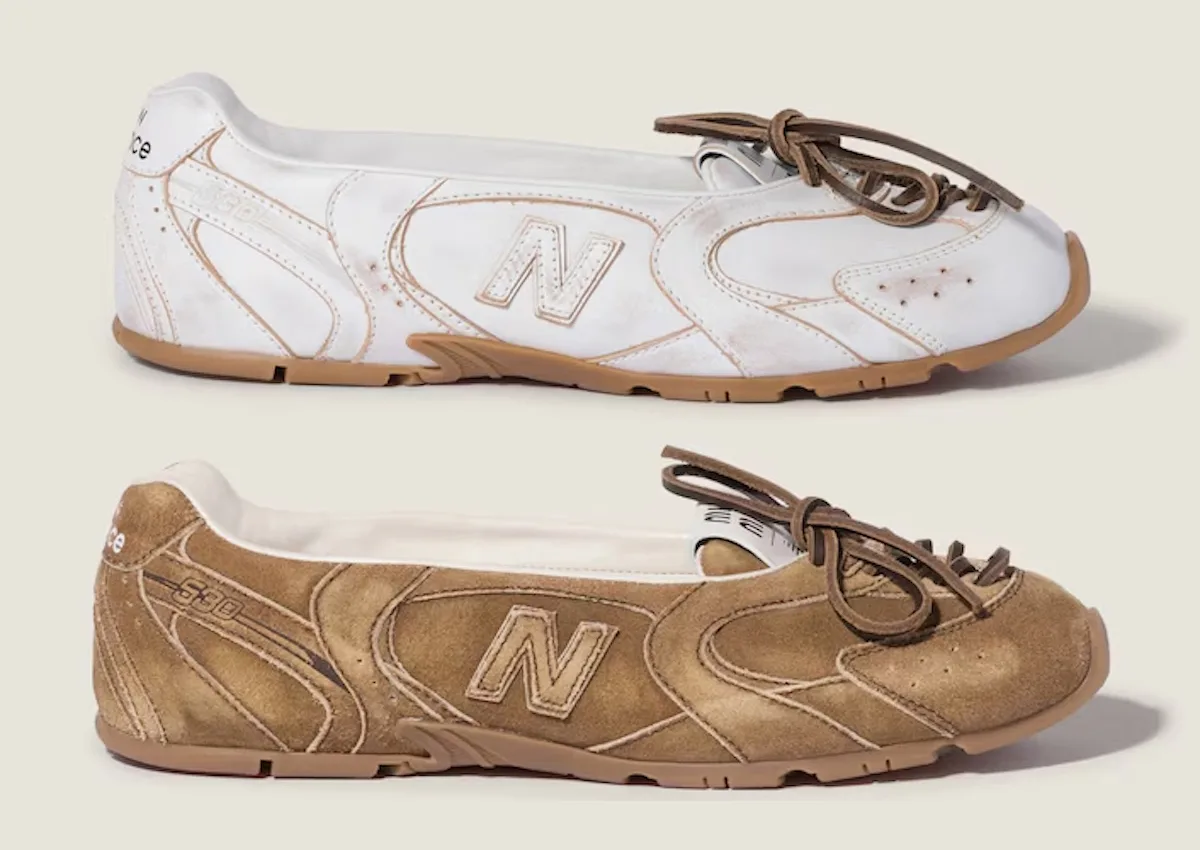 lateral pair, white leather and tan suede colourways stacked, distressed finish, Miu Miu x New Balance 530 SL Ballerina Pack