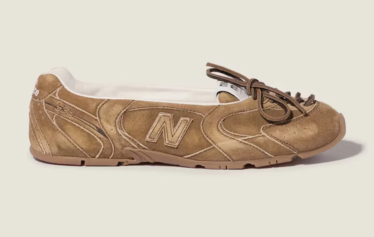 lateral view, tan suede upper with cream heel collar and brown laces, SL Ballerina Pack