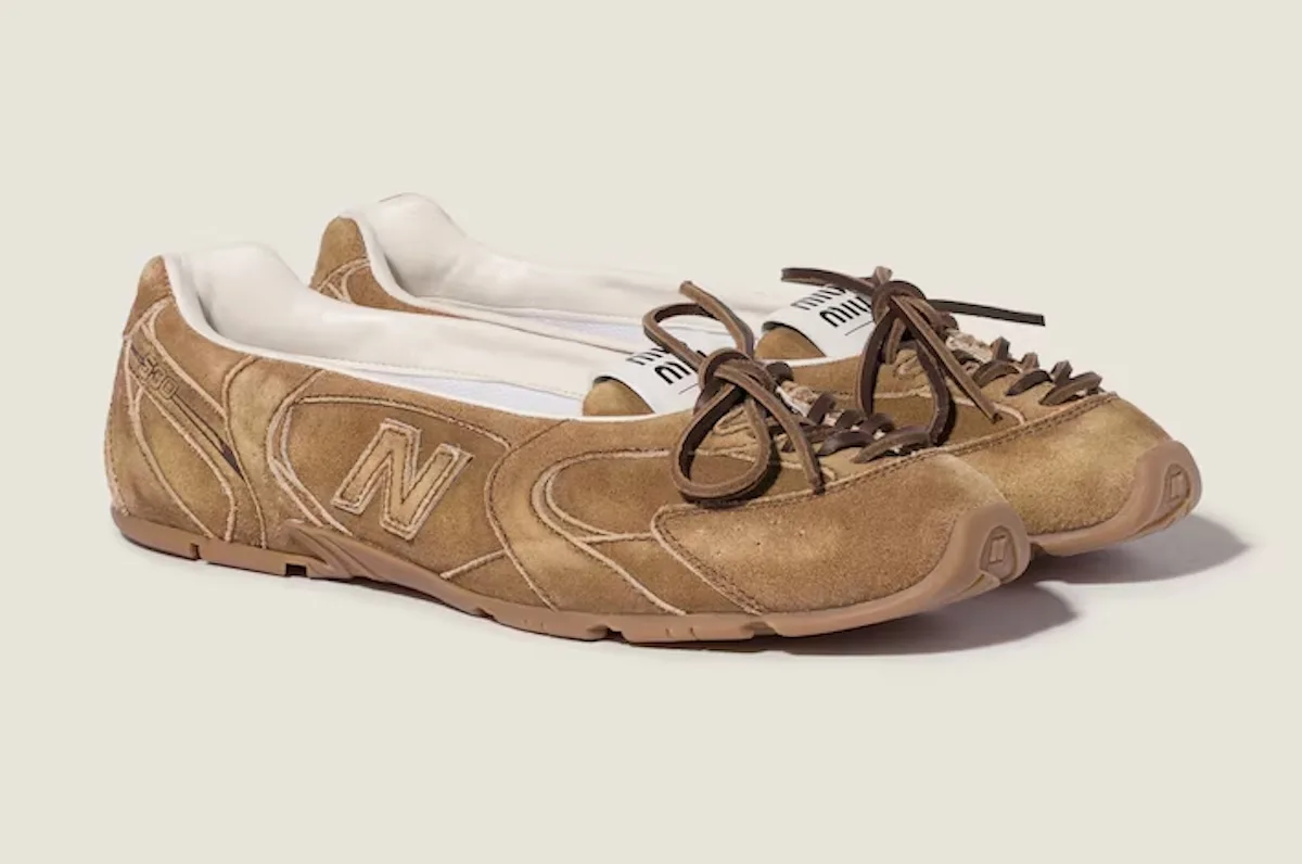 three-quarter pair, tan suede with cream heel panels and miu miu tab, SL Ballerina Pack