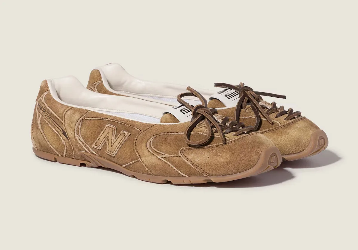 three-quarter pair, tan suede with brown crisscross laces and gum soles, SL Ballerina Pack