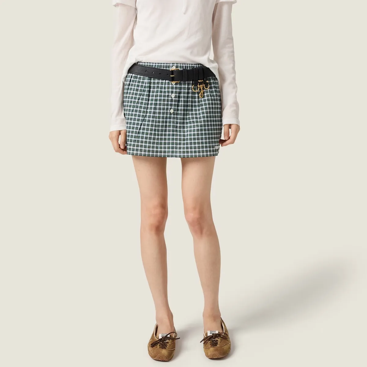 on-foot, tan suede pair worn below a green plaid mini skirt and belt, SL Ballerina Pack
