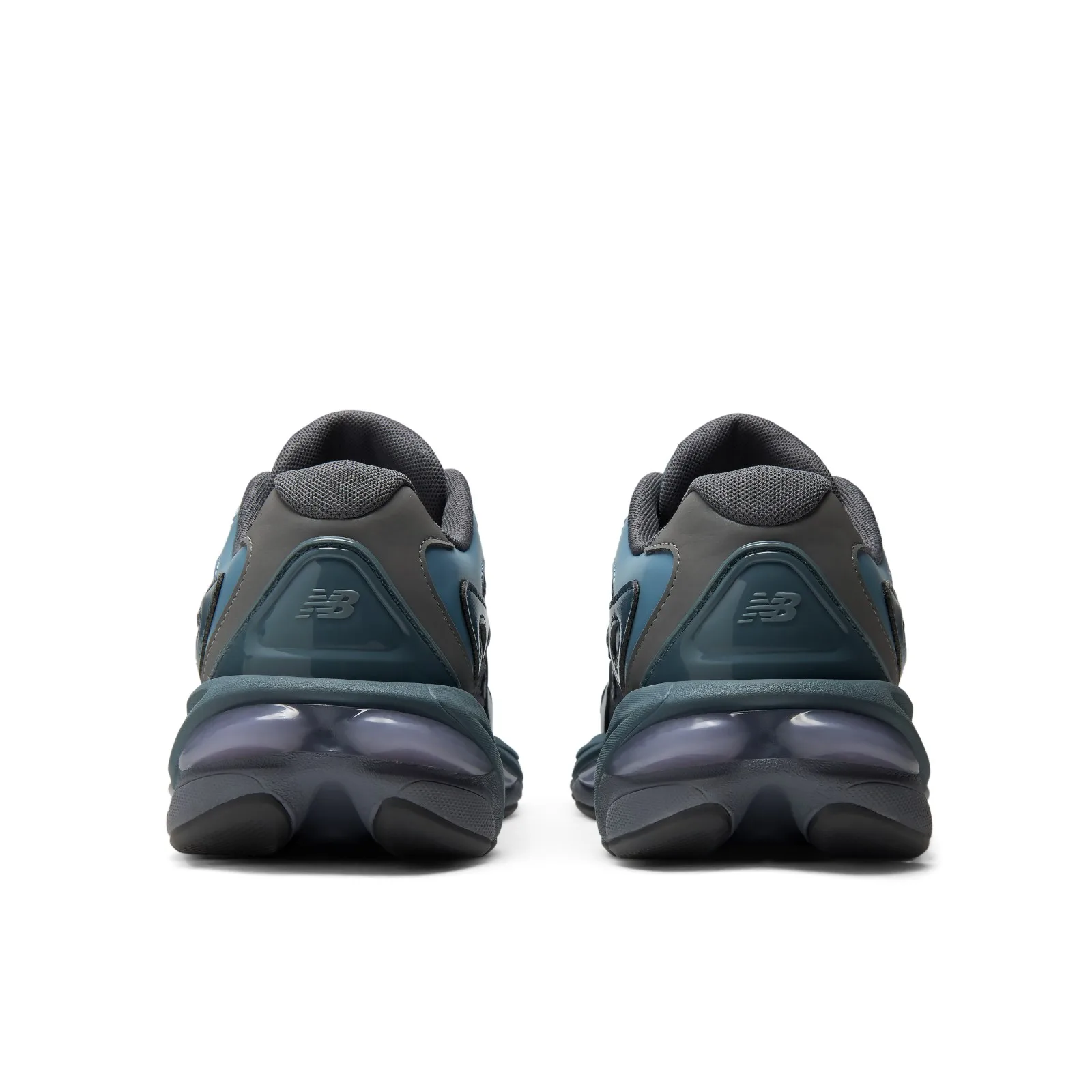 heel view of pair, grey heel counters with N logo above purple midsole pods, Shadow Blue