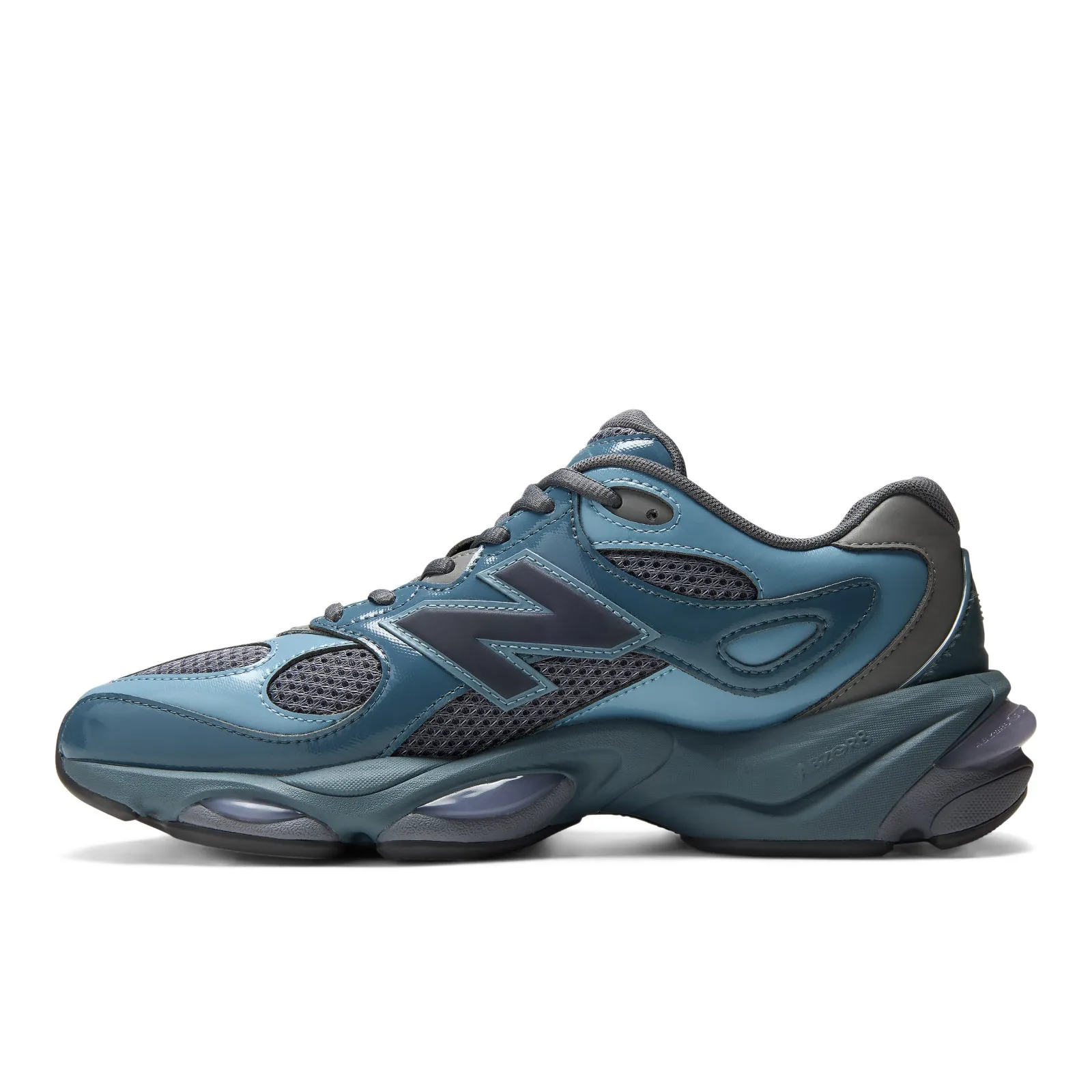 lateral view, teal upper with grey N logo and abzorb text on midsole, Shadow Blue