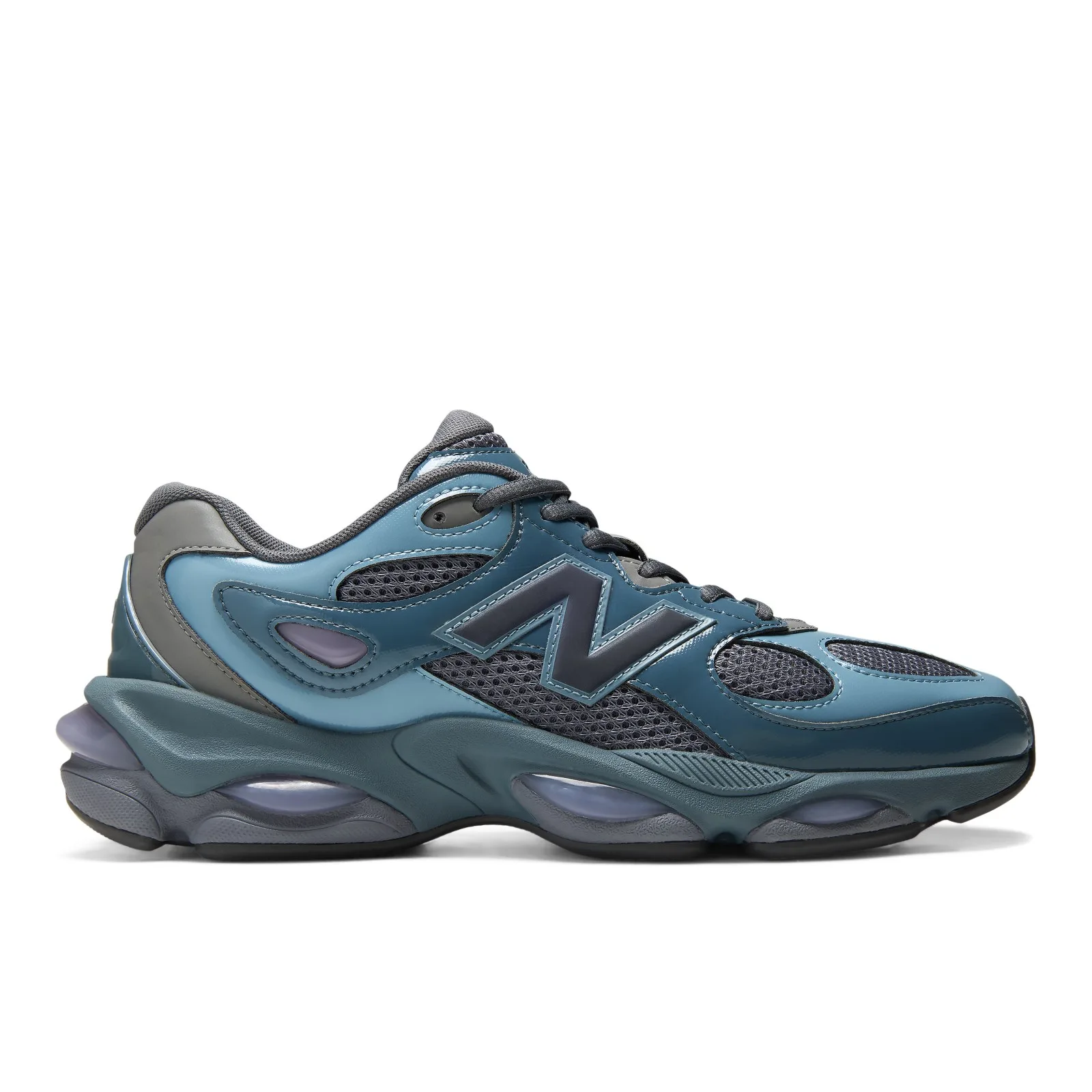 lateral view, slate blue upper with grey N logo and purple midsole trim, Shadow Blue