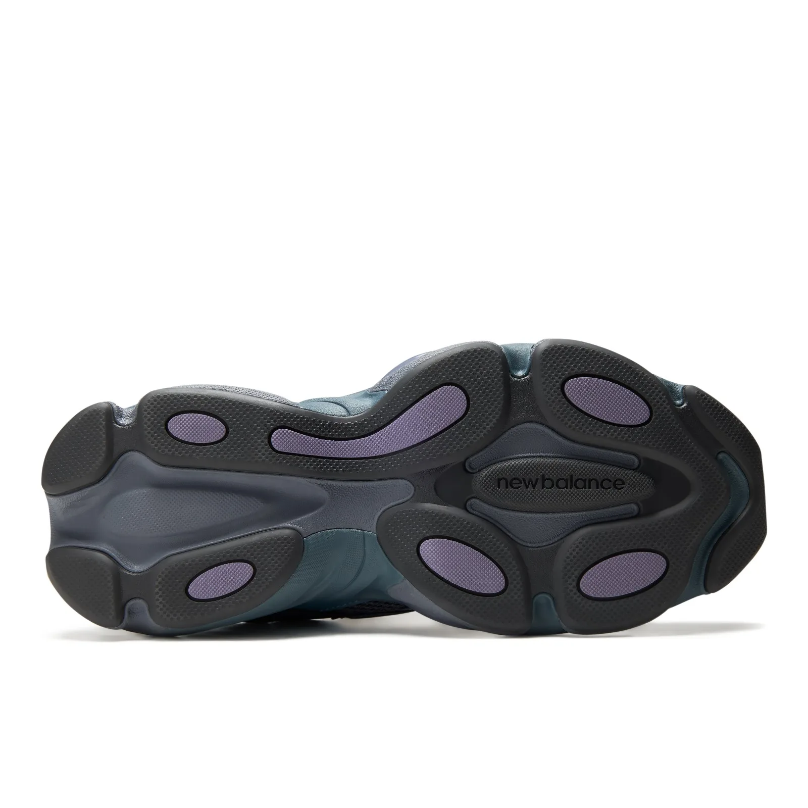 outsole view, black rubber sole with purple pod inserts and new balance text, Shadow Blue