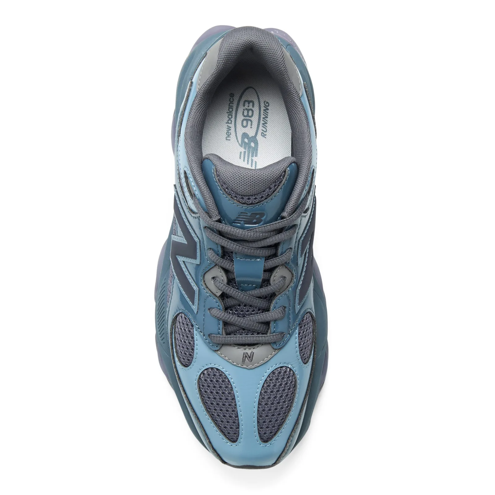 top-down view, blue mesh upper with grey laces and new balance 983 sockliner text, Shadow Blue