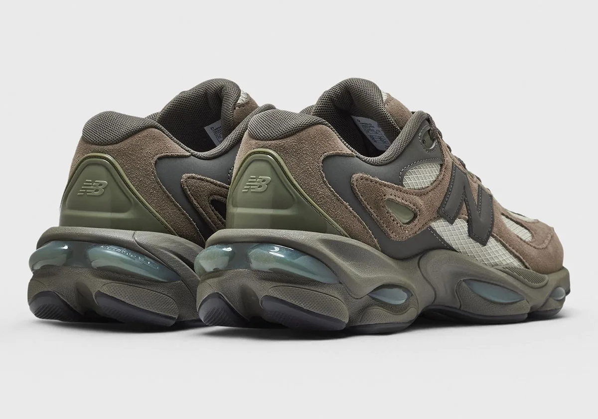 heel view of pair showing translucent teal air pods and olive suede overlays, Thunder Brown