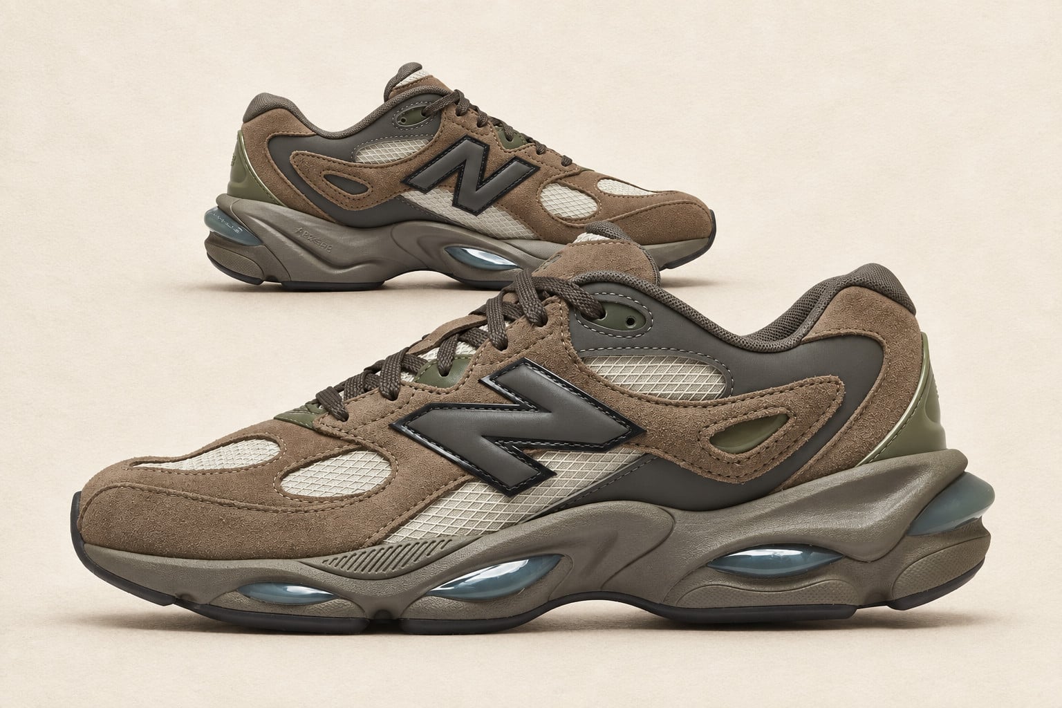 lateral pair view, brown suede with olive mesh panels and translucent gel heel pods, New Balance 983 “Thunder Brown”