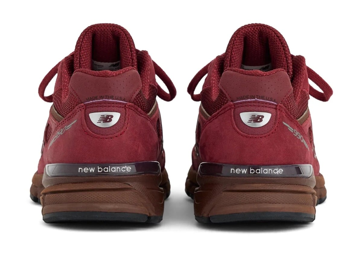 Pair, heel view showing new balance heel tabs and brown midsoles, Monarch Burgundy