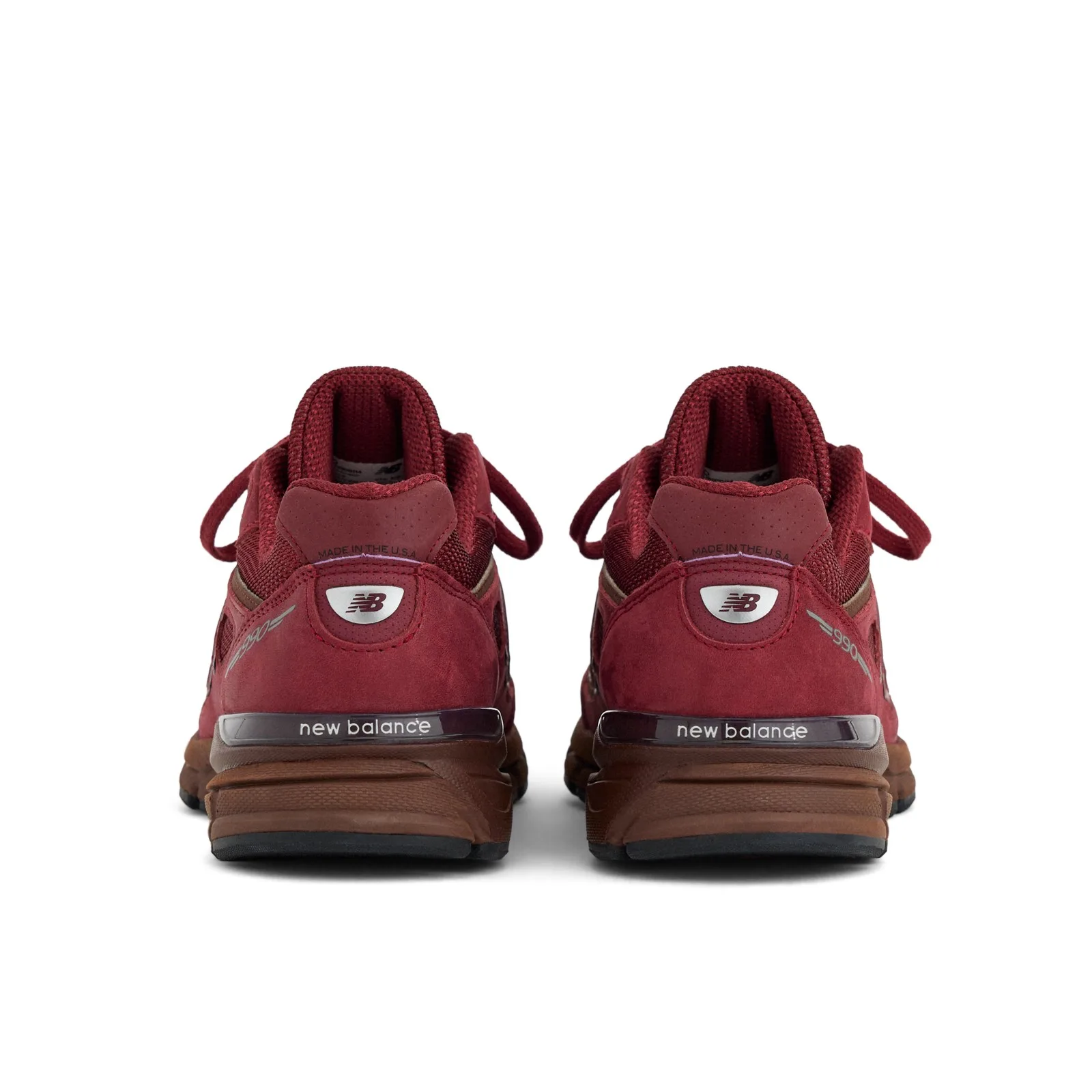 Pair, close heel view with new balance tabs and reflective N badges, Monarch Burgundy