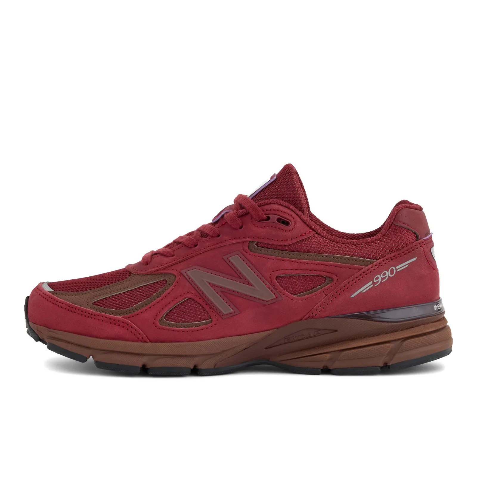 Lateral side view, burgundy suede with brown accents and silver 990 text, Monarch Burgundy