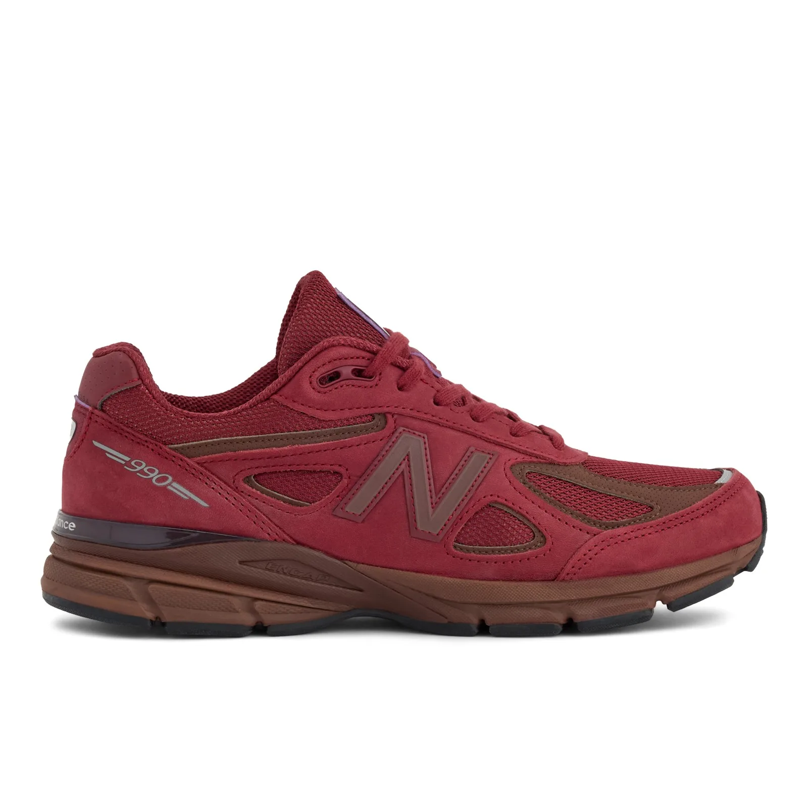 Lateral side view, burgundy suede upper with brown overlays and grey N logo, Monarch Burgundy